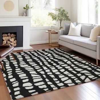 5' X 8' Black And Ivory Abstract Washable Indoor Outdoor Area Rug