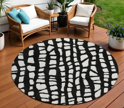 8' Black And Ivory Round Abstract Washable Indoor Outdoor Area Rug