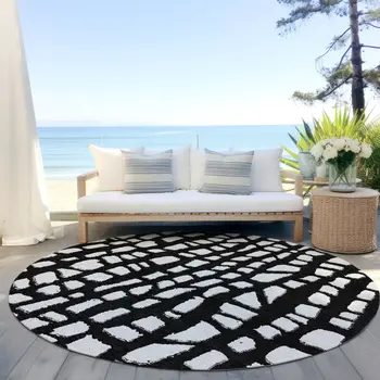 8' Black And Ivory Round Abstract Washable Indoor Outdoor Area Rug