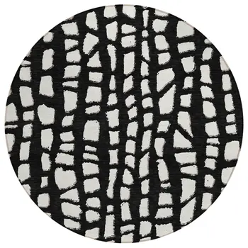8' Black And Ivory Round Abstract Washable Indoor Outdoor Area Rug