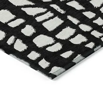 8' Black And Ivory Round Abstract Washable Indoor Outdoor Area Rug