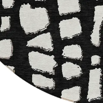 8' Black And Ivory Round Abstract Washable Indoor Outdoor Area Rug
