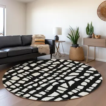 8' Black And Ivory Round Abstract Washable Indoor Outdoor Area Rug