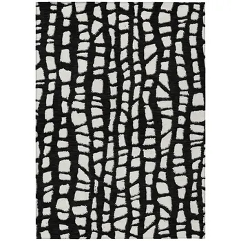 8' X 10' Black And Ivory Abstract Washable Indoor Outdoor Area Rug