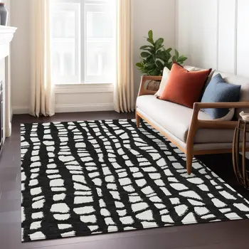 8' X 10' Black And Ivory Abstract Washable Indoor Outdoor Area Rug
