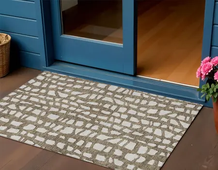 3' X 5' Brown And Ivory Abstract Washable Indoor Outdoor Area Rug