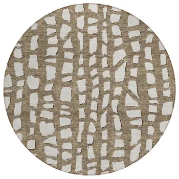 8' Brown And Ivory Round Abstract Washable Indoor Outdoor Area Rug