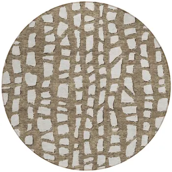 8' Brown And Ivory Round Abstract Washable Indoor Outdoor Area Rug