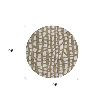 8' Brown And Ivory Round Abstract Washable Indoor Outdoor Area Rug