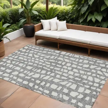 9' X 12' Gray And Ivory Abstract Washable Indoor Outdoor Area Rug