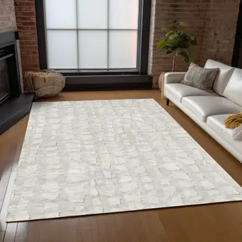 3' X 5' Ivory And Beige Abstract Washable Indoor Outdoor Area Rug