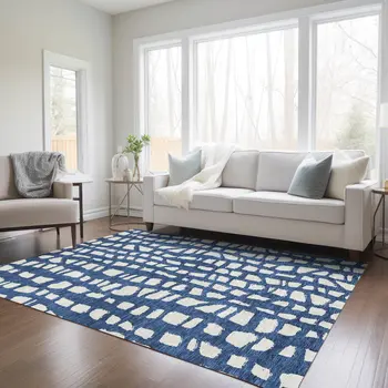 3' X 5' Navy Blue And Ivory Abstract Washable Indoor Outdoor Area Rug