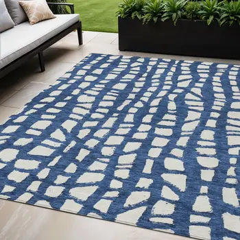 5' X 8' Navy Blue And Ivory Abstract Washable Indoor Outdoor Area Rug