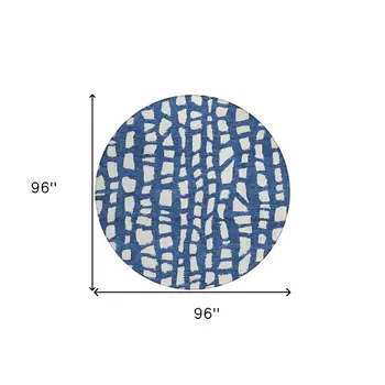8' Navy Blue And Ivory Round Abstract Washable Indoor Outdoor Area Rug