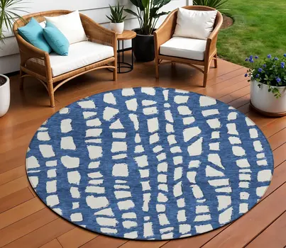 8' Navy Blue And Ivory Round Abstract Washable Indoor Outdoor Area Rug