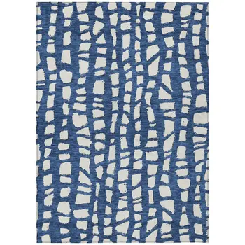 8' X 10' Navy Blue And Ivory Abstract Washable Indoor Outdoor Area Rug