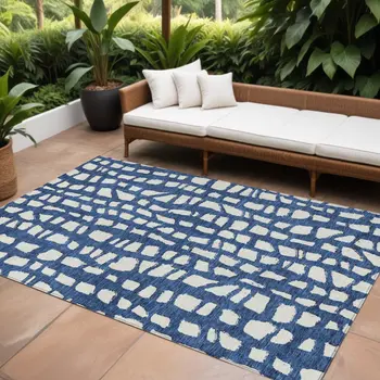 9' X 12' Navy Blue And Ivory Abstract Washable Indoor Outdoor Area Rug