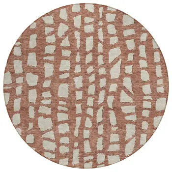 8' Orange And Ivory Round Abstract Washable Indoor Outdoor Area Rug