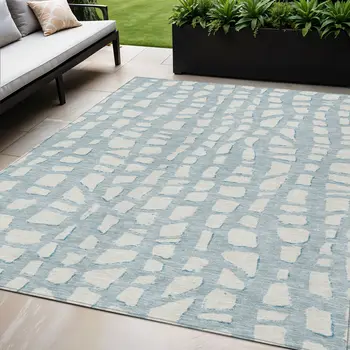 5' X 8' Sky Blue And Ivory Abstract Washable Indoor Outdoor Area Rug