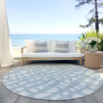 8' Sky Blue And Ivory Round Abstract Washable Indoor Outdoor Area Rug