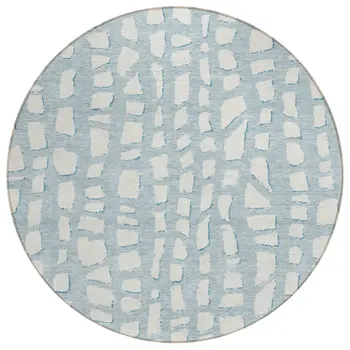 8' Sky Blue And Ivory Round Abstract Washable Indoor Outdoor Area Rug
