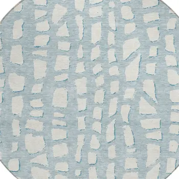 8' Sky Blue And Ivory Round Abstract Washable Indoor Outdoor Area Rug