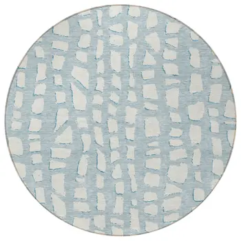 8' Sky Blue And Ivory Round Abstract Washable Indoor Outdoor Area Rug