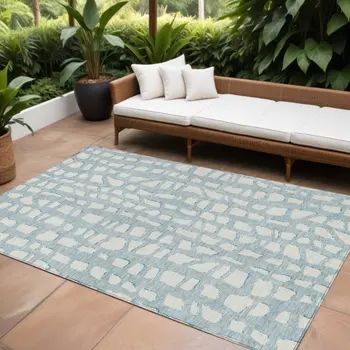 10' X 14' Sky Blue And Ivory Abstract Washable Indoor Outdoor Area Rug