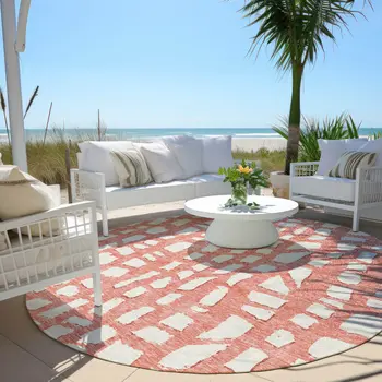 8' Salmon And Ivory Round Abstract Washable Indoor Outdoor Area Rug