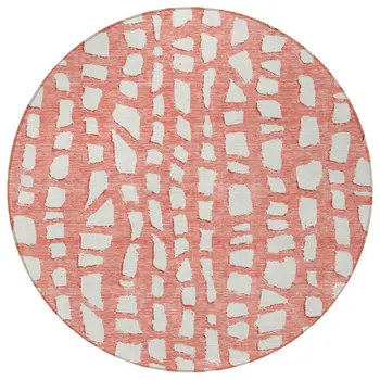 8' Salmon And Ivory Round Abstract Washable Indoor Outdoor Area Rug
