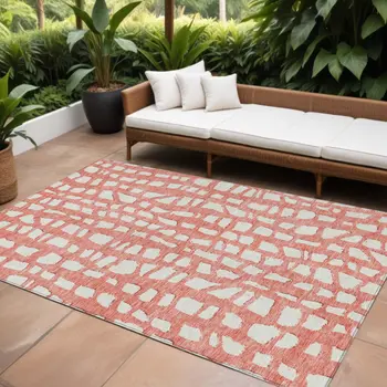 10' X 14' Salmon And Ivory Abstract Washable Indoor Outdoor Area Rug