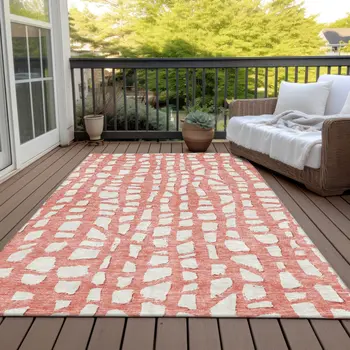 10' X 14' Salmon And Ivory Abstract Washable Indoor Outdoor Area Rug