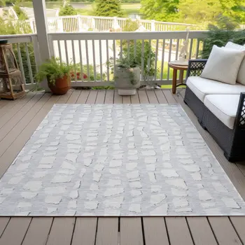 10' X 14' Silver And Ivory Abstract Washable Indoor Outdoor Area Rug
