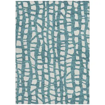 5' X 8' Teal Blue And Ivory Abstract Washable Indoor Outdoor Area Rug