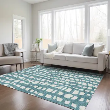5' X 8' Teal Blue And Ivory Abstract Washable Indoor Outdoor Area Rug