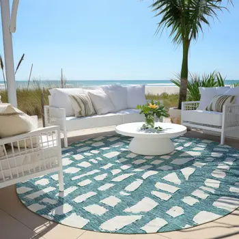 8' Teal Blue And Ivory Round Abstract Washable Indoor Outdoor Area Rug
