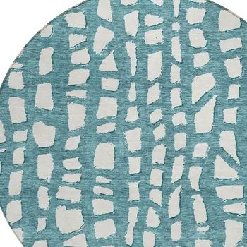 8' Teal Blue And Ivory Round Abstract Washable Indoor Outdoor Area Rug