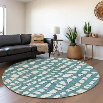 8' Teal Blue And Ivory Round Abstract Washable Indoor Outdoor Area Rug