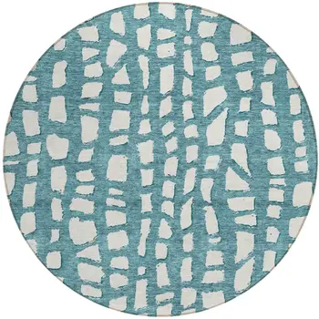 8' Teal Blue And Ivory Round Abstract Washable Indoor Outdoor Area Rug