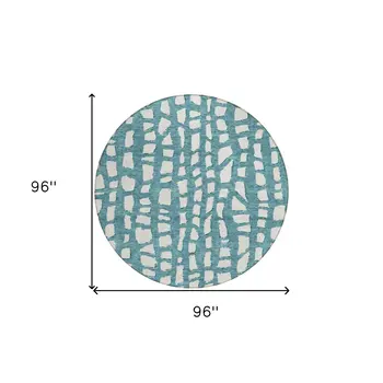 8' Teal Blue And Ivory Round Abstract Washable Indoor Outdoor Area Rug