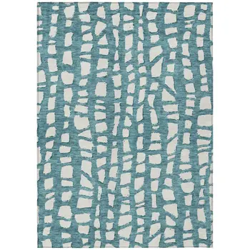 10' X 14' Teal Blue And Ivory Abstract Washable Indoor Outdoor Area Rug