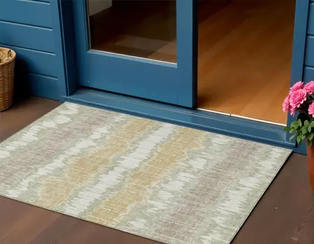 3' X 5' Artichoke Green Ivory And Gold Striped Washable Indoor Outdoor Area Rug