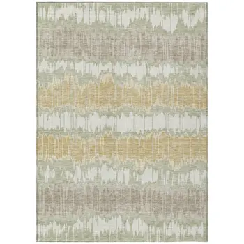 3' X 5' Artichoke Green Ivory And Gold Striped Washable Indoor Outdoor Area Rug