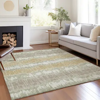 3' X 5' Artichoke Green Ivory And Gold Striped Washable Indoor Outdoor Area Rug