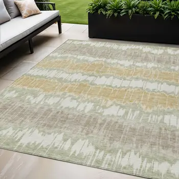 5' X 8' Artichoke Green Ivory And Gold Striped Washable Indoor Outdoor Area Rug