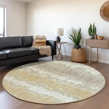 8' Artichoke Green Ivory And Gold Round Striped Washable Indoor Outdoor Area Rug