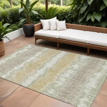 8' X 10' Artichoke Green Ivory And Gold Striped Washable Indoor Outdoor Area Rug