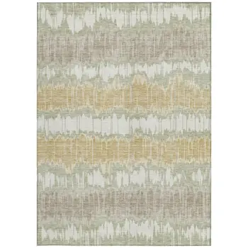 9' X 12' Artichoke Green Ivory And Gold Striped Washable Indoor Outdoor Area Rug