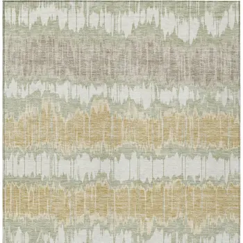 10' X 14' Artichoke Green Ivory And Gold Striped Washable Indoor Outdoor Area Rug
