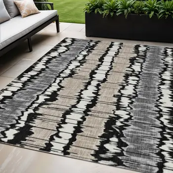 5' X 8' Black Silver And Gray Striped Washable Indoor Outdoor Area Rug